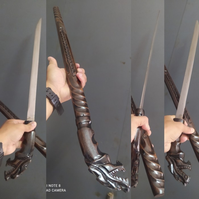 Golok Tongkat Baja Ukir Naga 60cm Gagang Kayu