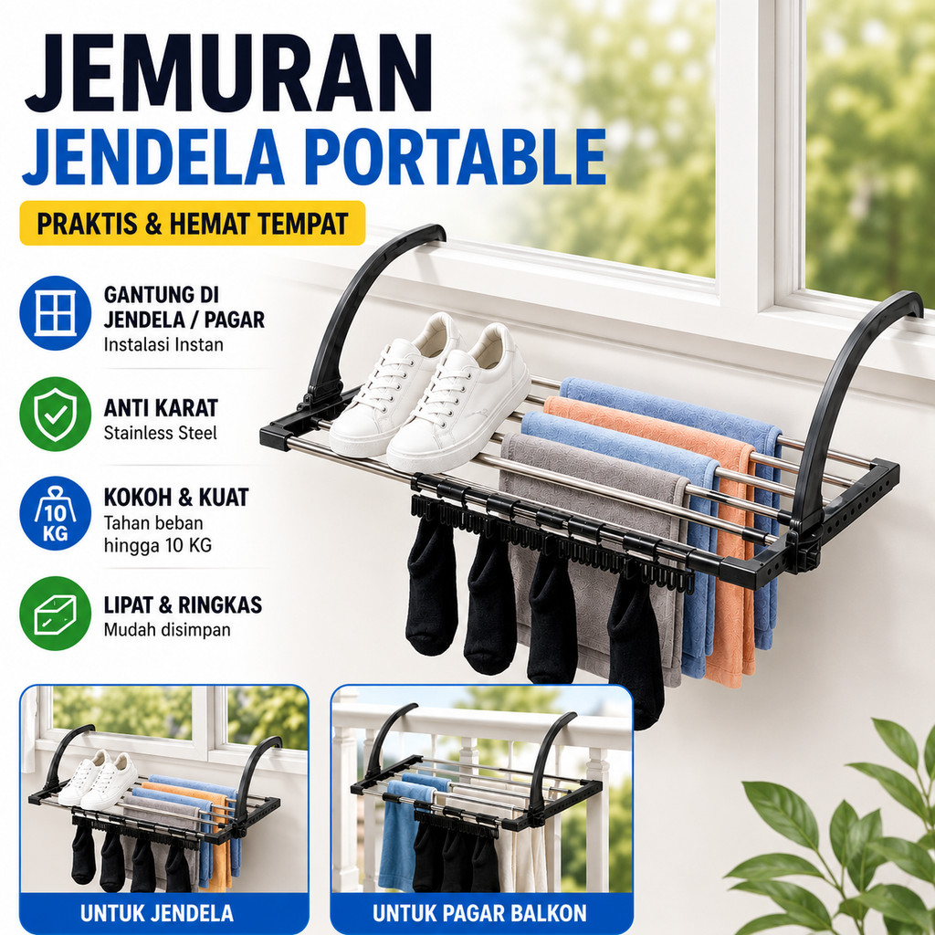 Jemuran Jendela Portable Foldable Stainless Steel Gantung Balkon Pagar Handrail No Drill Rak Jemur B