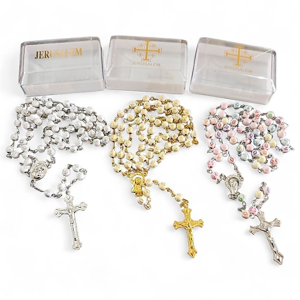 Rosario Kotak Jerusalem 6mm Classic Cross Golden Silver Rainbow