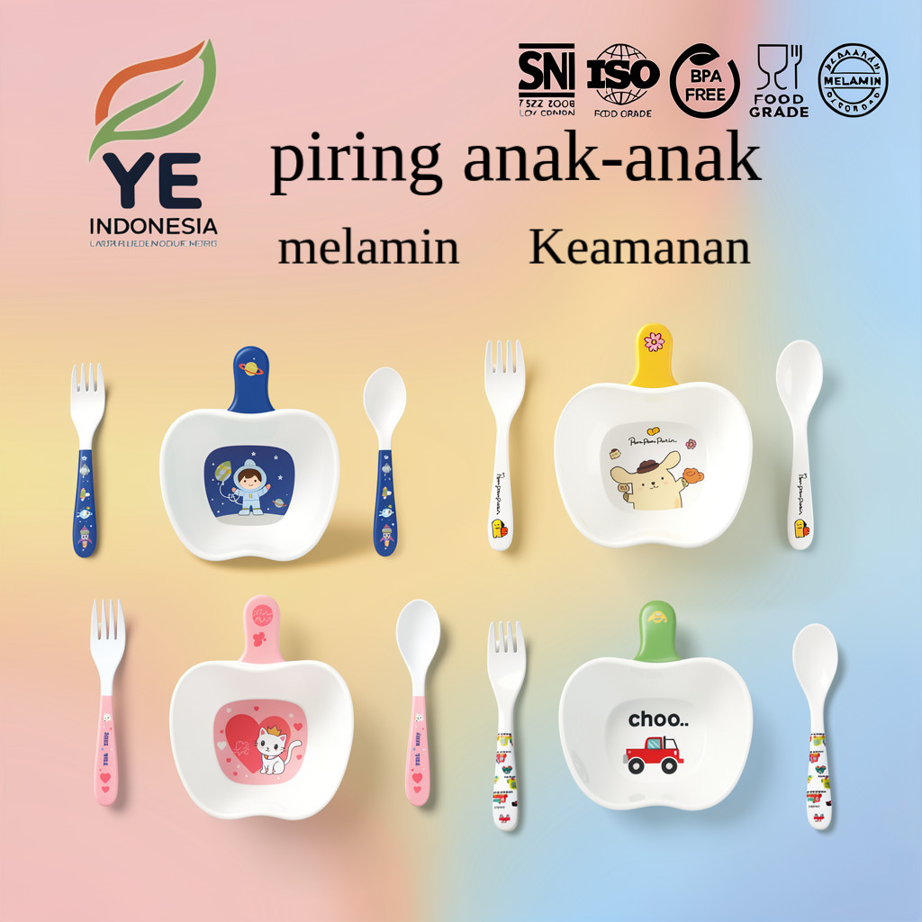 Set Alat Makan Bayi 3 in 1 - Mangkok, Sendok, Garpu Karakter Lucu Melamin Premium
