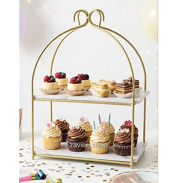 Rak kue susun 2 tingkat gold marmer minimalis tempat cupcake dessert Rak Kosmetik Rak dekorasi