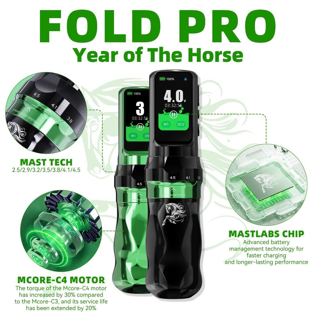 Dragonhawk Fold Pro Year of The Horse Tattoo Machine Pen 7 Strokes Mcore-C4 Motor Low Noise Stable D