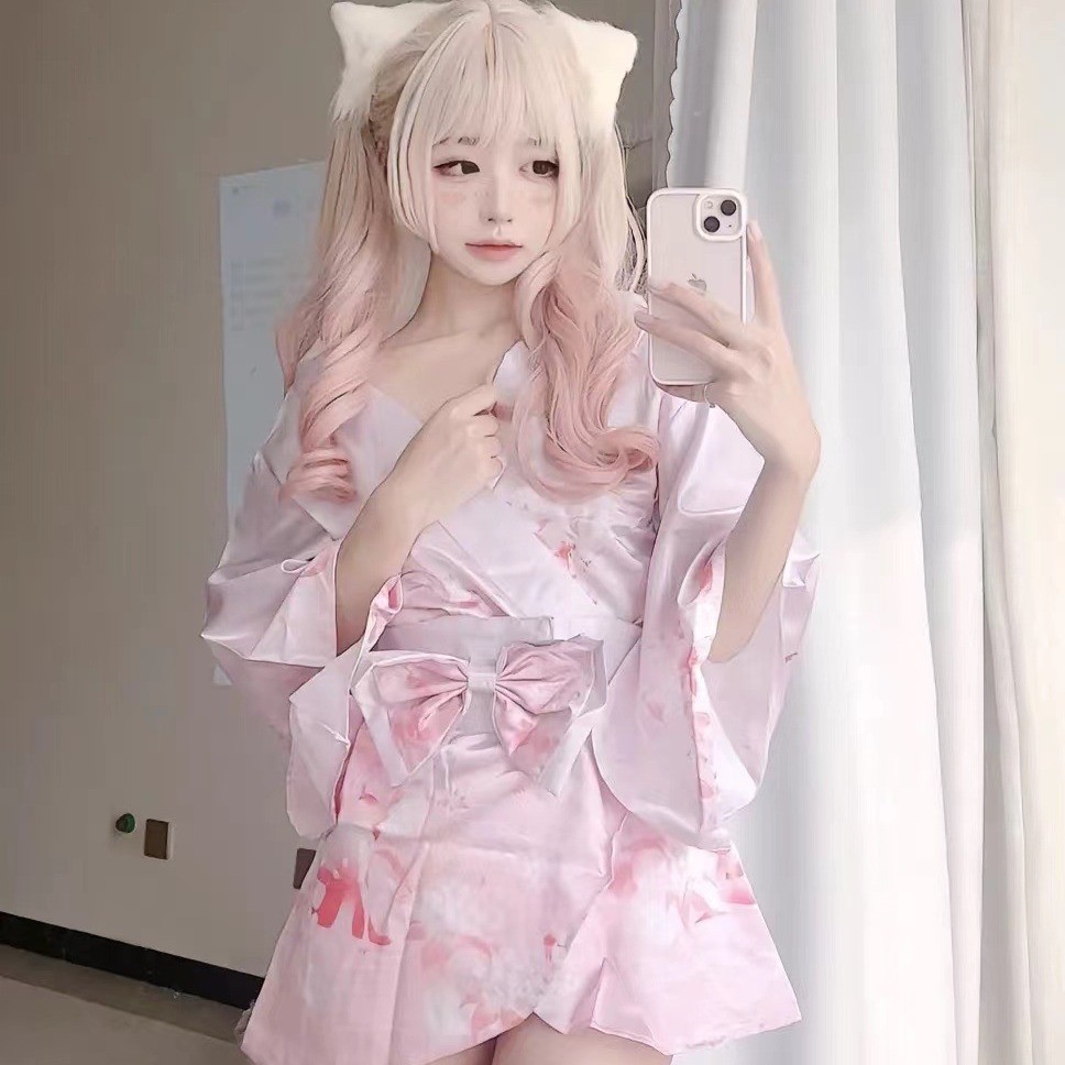 LI-27 kostum cosplay wanita lolita kimono mini baju tidur jepang satin anime
