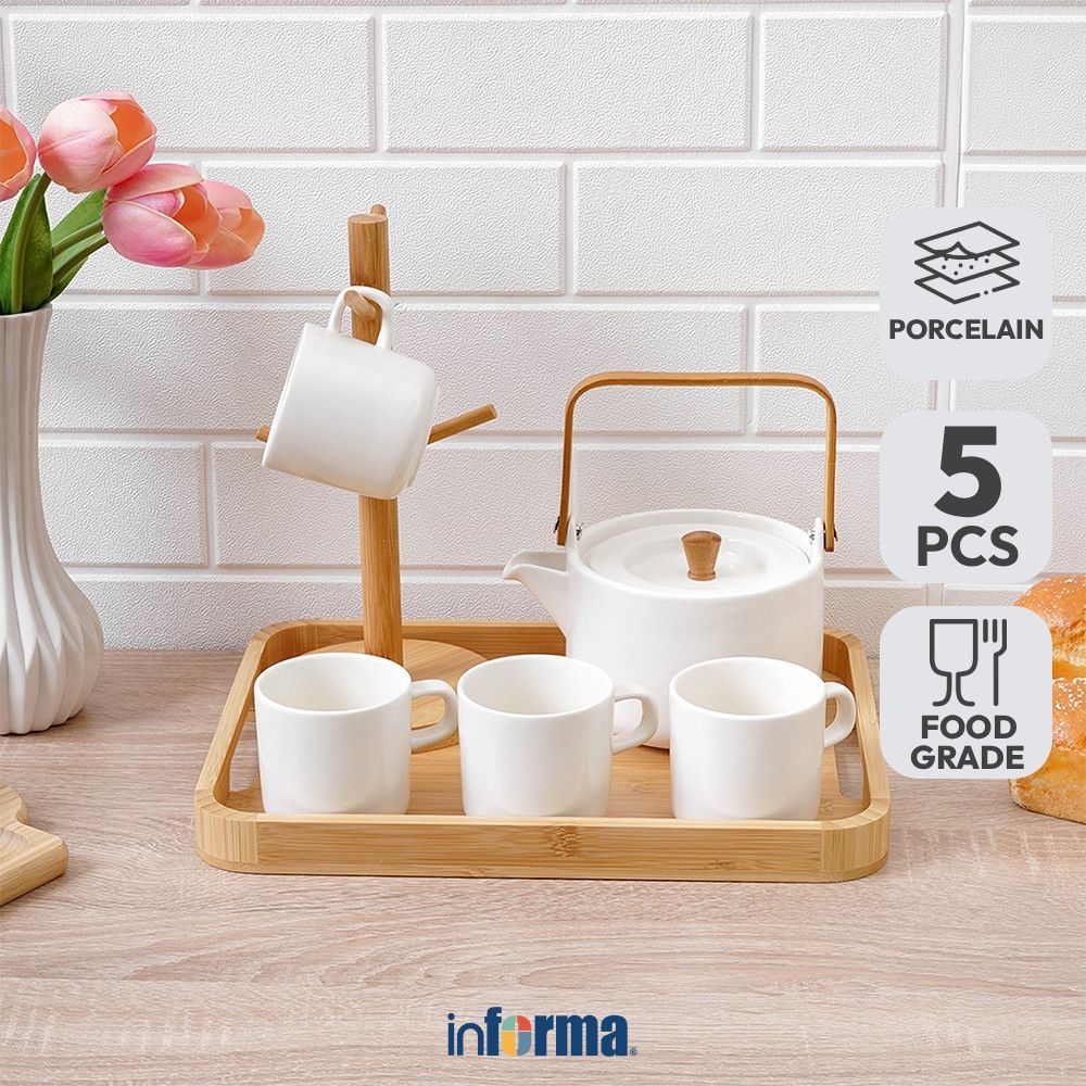 Informa Appetite Shalby Teko & Cangkir Porcelain Dengan Nampan Set 5 pcs - Putih/Cokelat