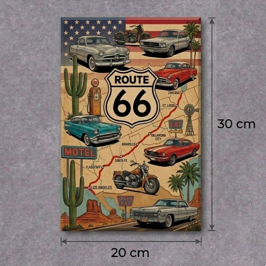 Hiasan Dinding Poster Kayu Route 66 Mobil Klasik Retro Dekorasi Wall Decor MDF 20x30cm Vintage