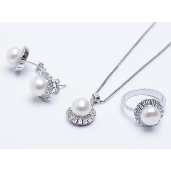 Set Perak Emas Putih dan Mutiara ASLI - P Set 013 + Free Velvet Box