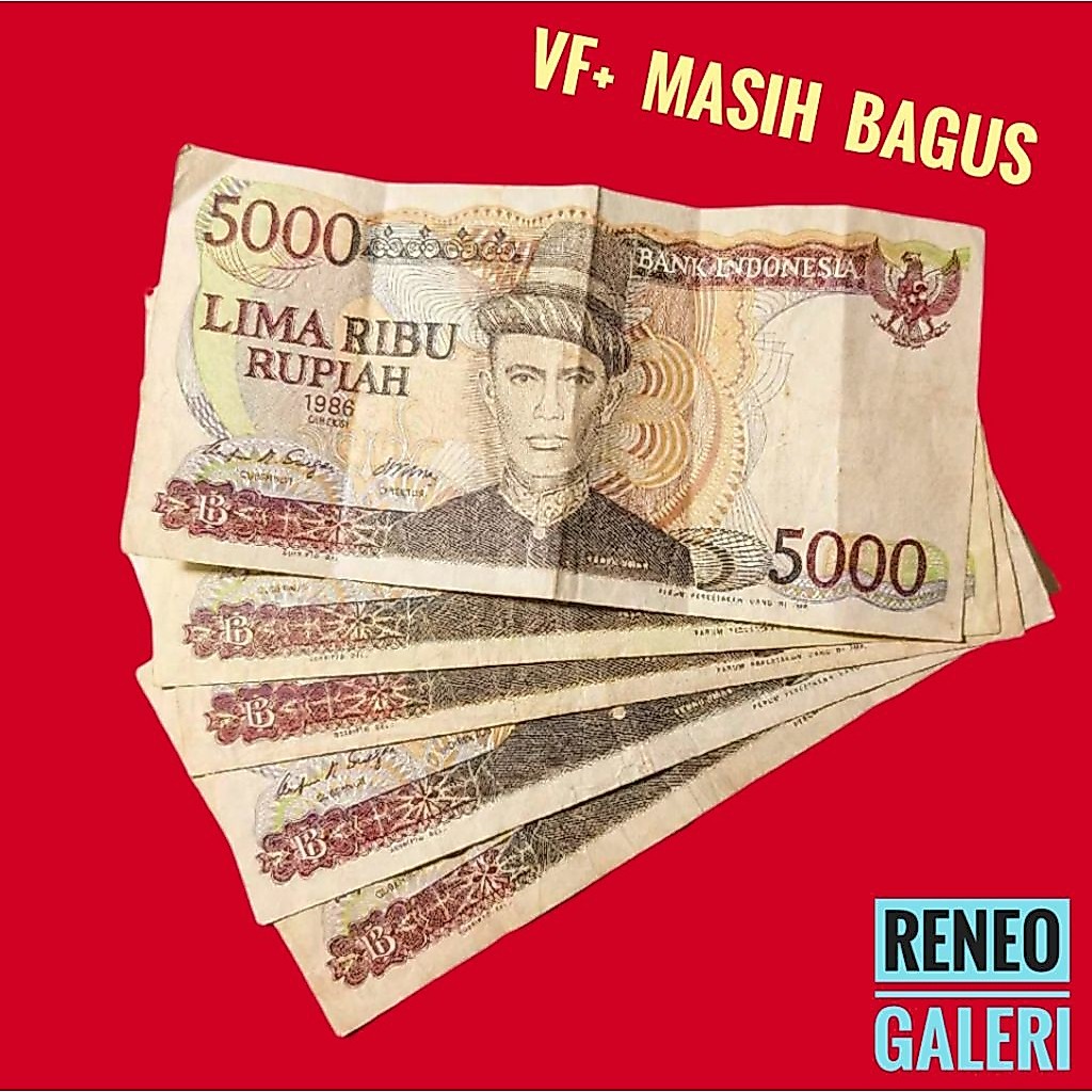 VF+ asli 5.000 rupiah Teuku umar tahun 1986 Rp 5000 menara kudus uang kertas kuno Indonesia duit lam