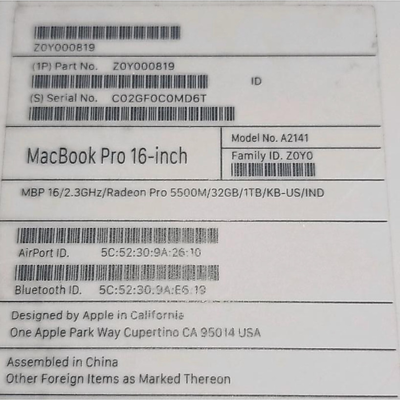 Macbook Pro A2141 Silver 2019 16" 32/1 Tb Original Kardus - Box - Dus