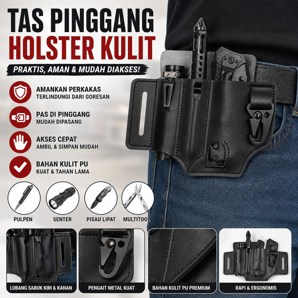 Tas Pinggang Holster EDC Multitool Kulit PU Pouch Sabuk Tool Holder 17.7x13cm Senter Flashlight Pulp