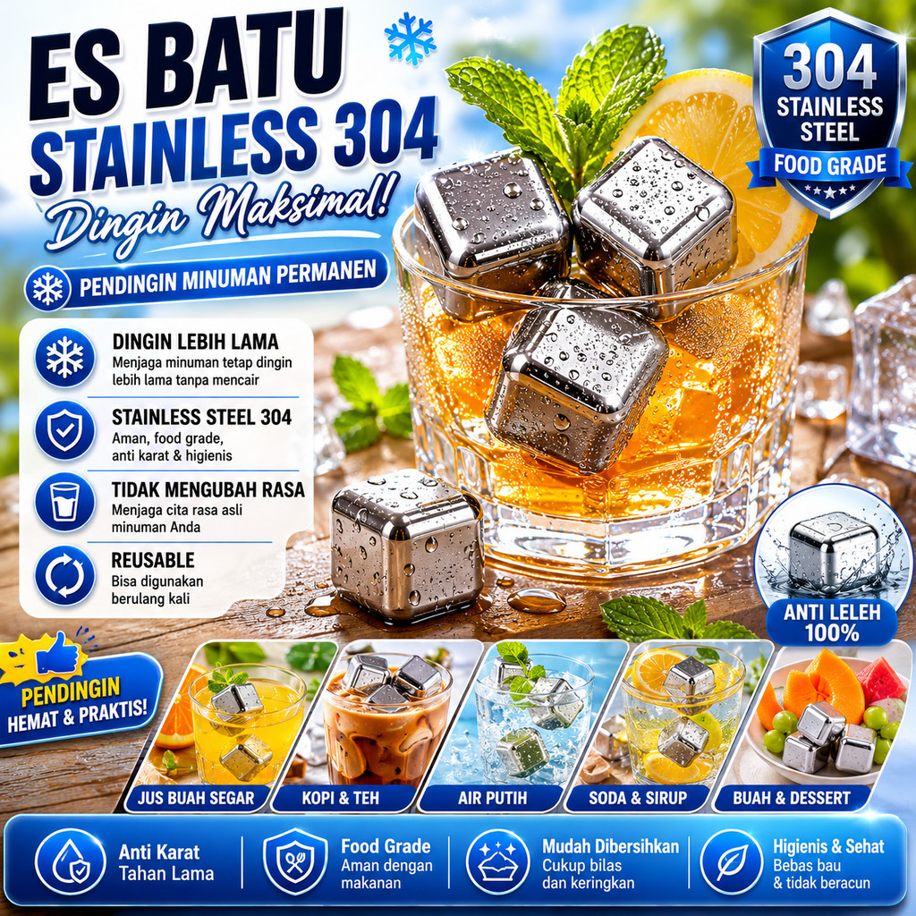 Es Batu Stainless Steel 304 Reusable Ice Cube Anti Leleh Pendingin Minuman Permanen Es Batu Besi Foo