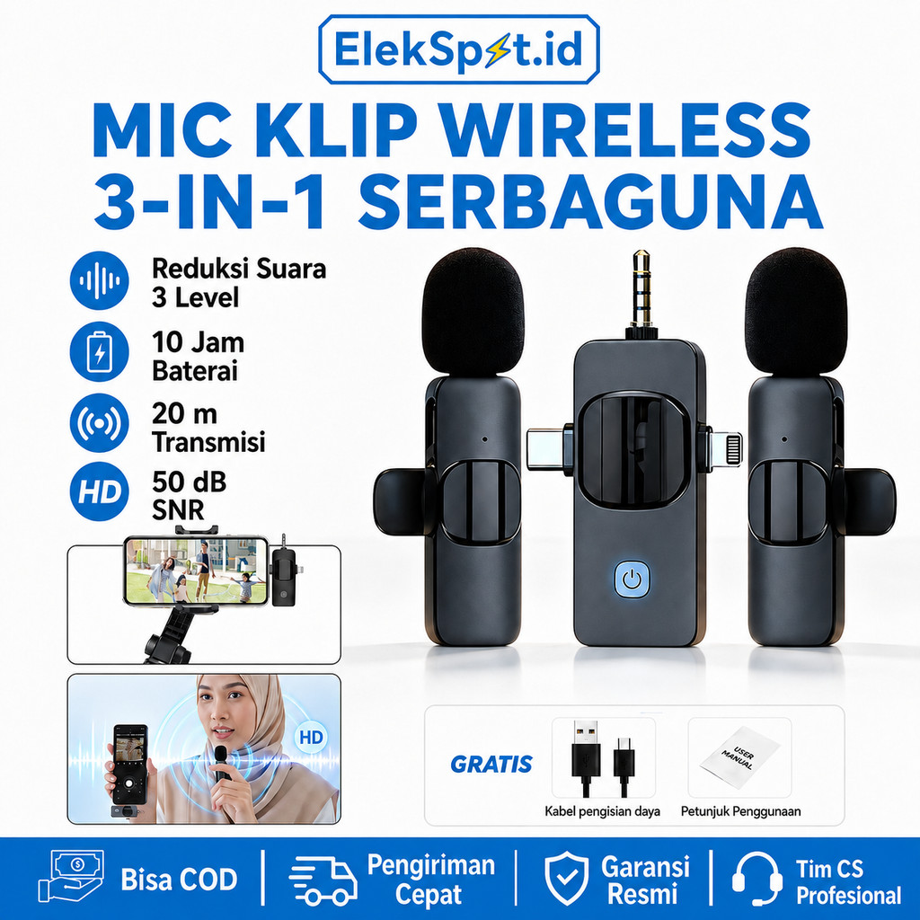 K15 3 IN 1Clip on Mic Lavalier Dual Bluetooth Tanpa Kabel Noise Reduction Suara Jernih Plug & Play T