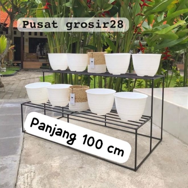 Rak Bunga Besi Susun 2 Minimalis untuk Pot Tanaman, Warna Hitam atau Putih, Panjang 50 atau 100 cm