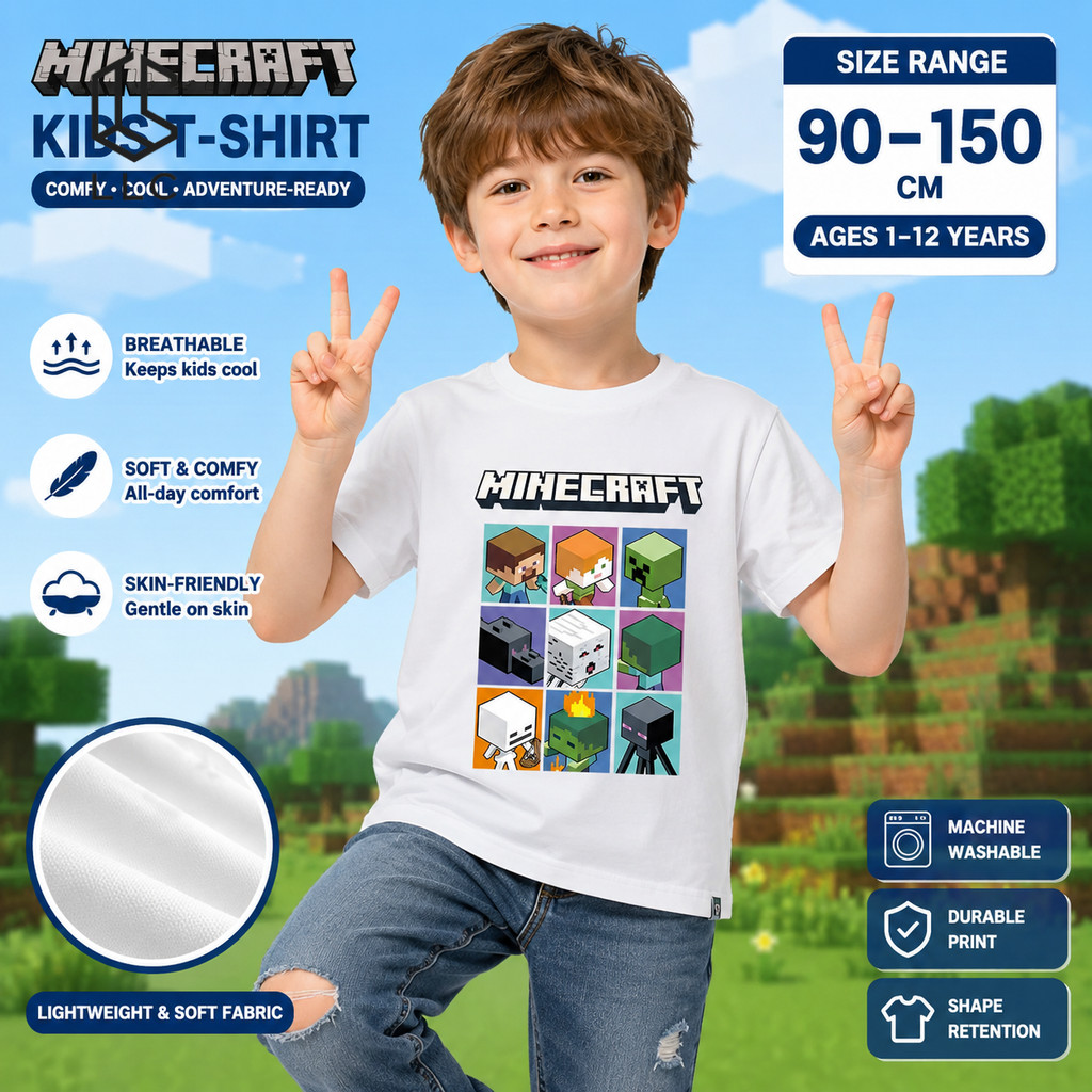 COD Kaos Anak Motif Minecraft Grid 9, Karakter Steve Alex Creeper, Kaos Katun Lembut Nyaman untuk Pr