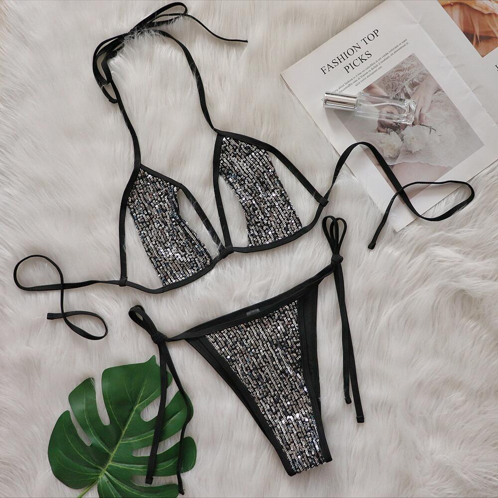 European and American style two-piece sequin strap hollow-out lingerie set for women