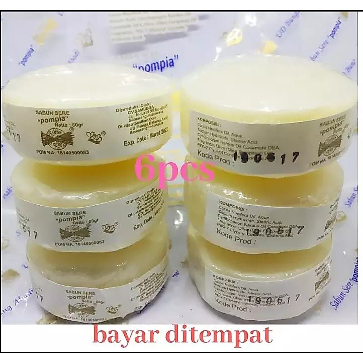 Sabun Sere Sereh POMPIA Bulat Bunga Bakung 6 Pcs Bonus Kantong Jaring Sabun Batang Pembuat Busa 2 la