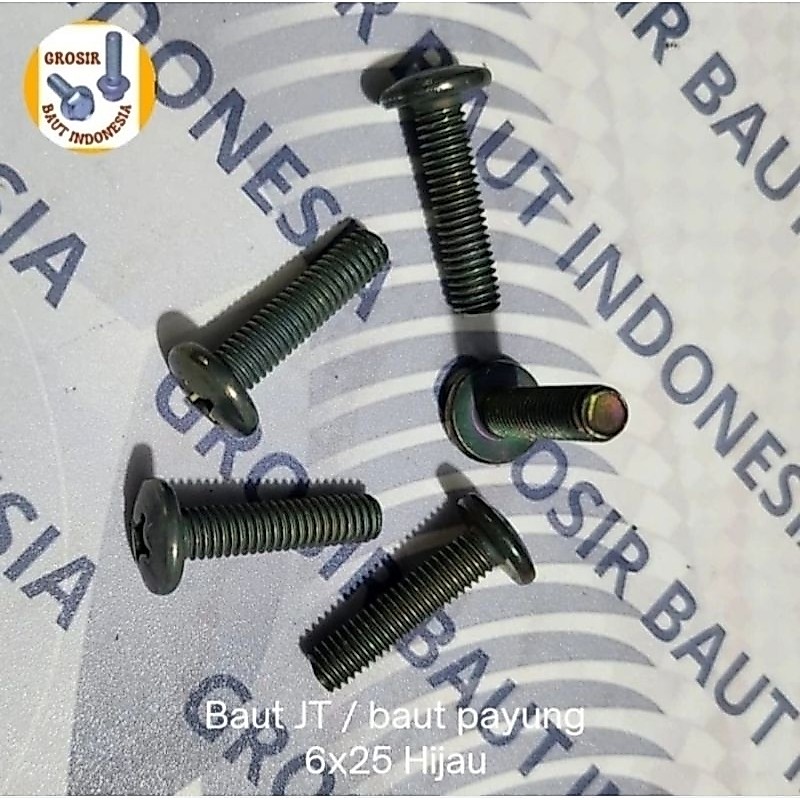 (20pcs/10set+mur) Baut JT (Baut 10) Panjang 2.5cm M6x25 / Baut payung kepala obeng + 6x25 Hijau
