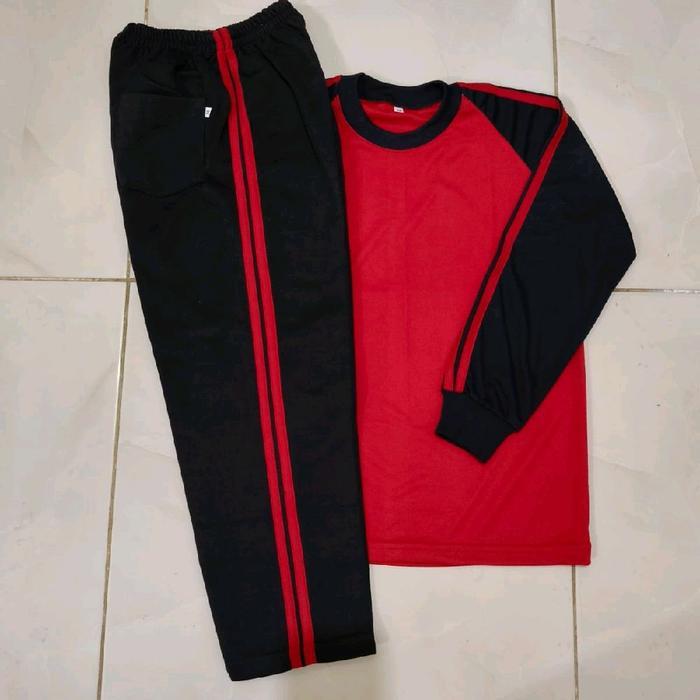 setelan seragam olahraga SD lengan panjang - merah hitam, M