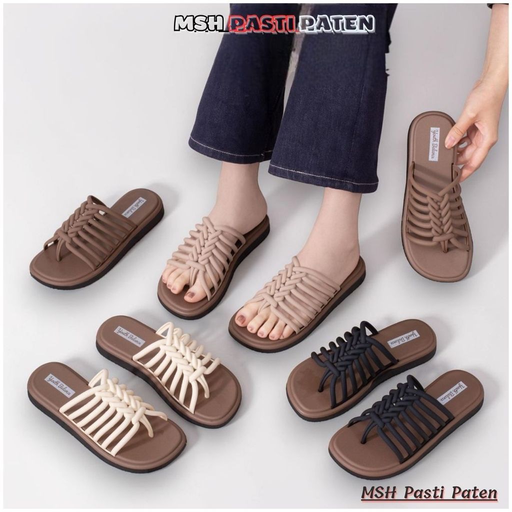 MSH 1527-4 Sendal Slop Karet Wanita Motif Anyaman Sendal Jely Wanita Sendal Coklat Hitam
