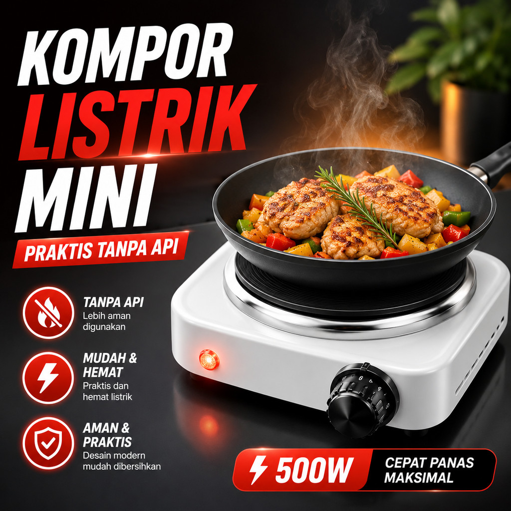 Kompor Listrik Portable 1 Tungku 500W Hot Plate Mini Tanpa Api Pemanas Makanan Air Minuman Masak Pra