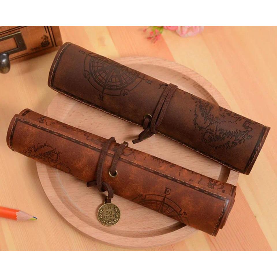 Kotak Pensil Peta Harta Karun Retro Vintage, Tas Pena Kulit PU Mewah untuk Alat Tulis Sekolah, Tas K