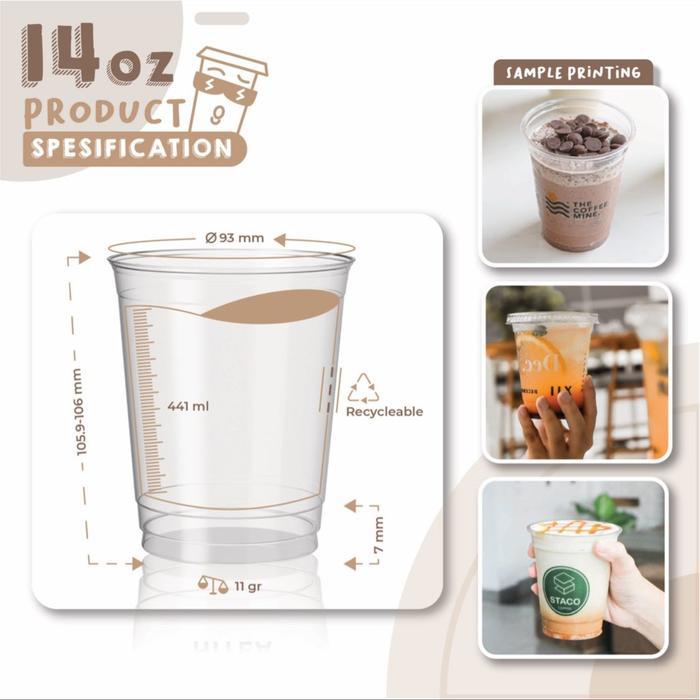 Cup Gelas 14 Oz Oval PET + Tutup Lid Anti Tumpah / Gelas Cup 14oz Kopi Coffee Teh Juice Strawless 50