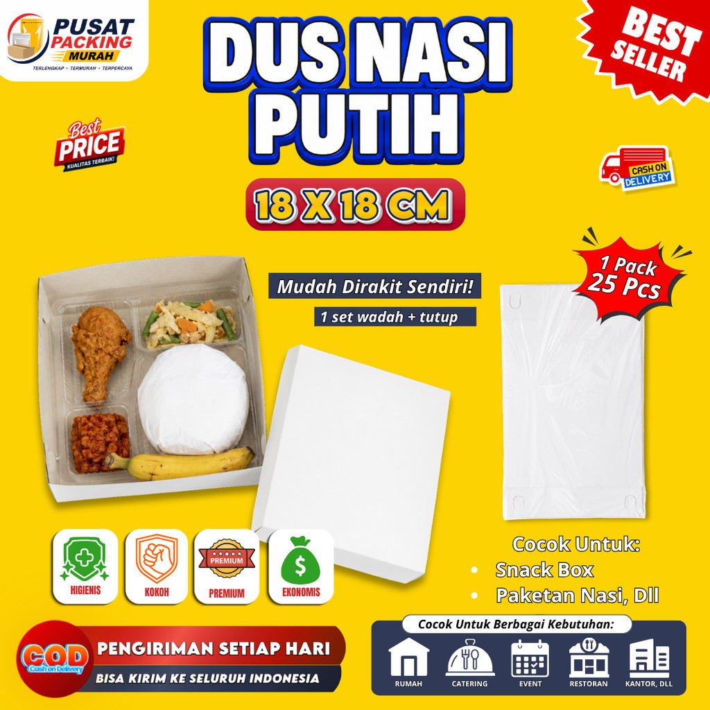 Dus Nasi Kotak Putih Polos 18x18 cm Isi 25 Pcs Catering Snack Box (Rakit Sendiri)