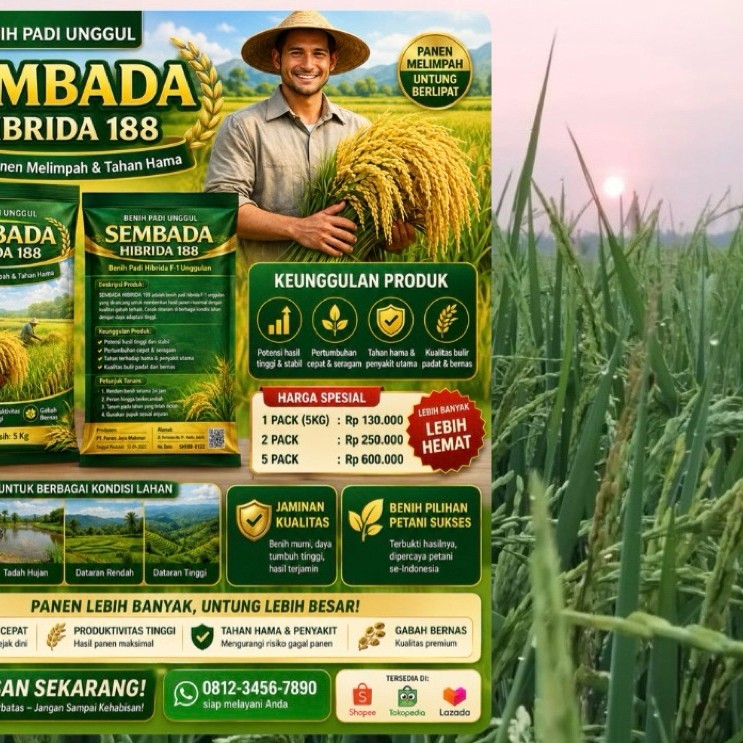 bibit padi SEMBADA HIBRIDA 188 ukuran 3kg bibit berkwalitas hasil petani melimpah petani semakin mak