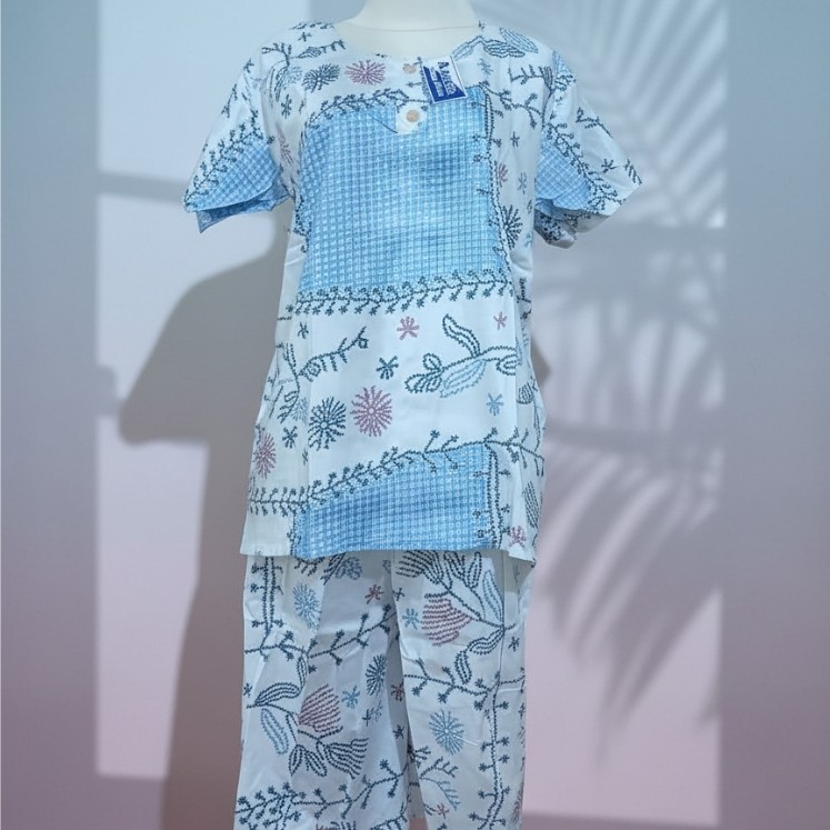 Setelan Gogo Wanita Putih Baby Blue Lengan Pendek Adem Stylish | GG26-03-WHTBBL