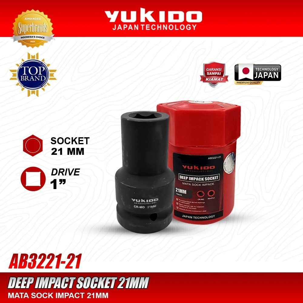 Impact Manual YUKIDO Mata Shock Deep Socket Air Impact 21mm Drive 1 Inch Kunci Sock Cr-Mo Hitam Alat