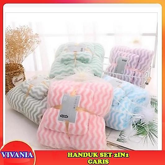 Vivania - Handuk Set 2In1 Garis Gift Set Handuk Lembut Handuk Microfiber 2In1