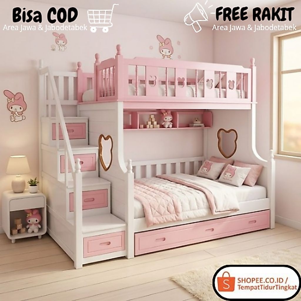 Kasur Tingkat Kokoh Modern Minimalis Custom Kayu Solid Anak Perempuan