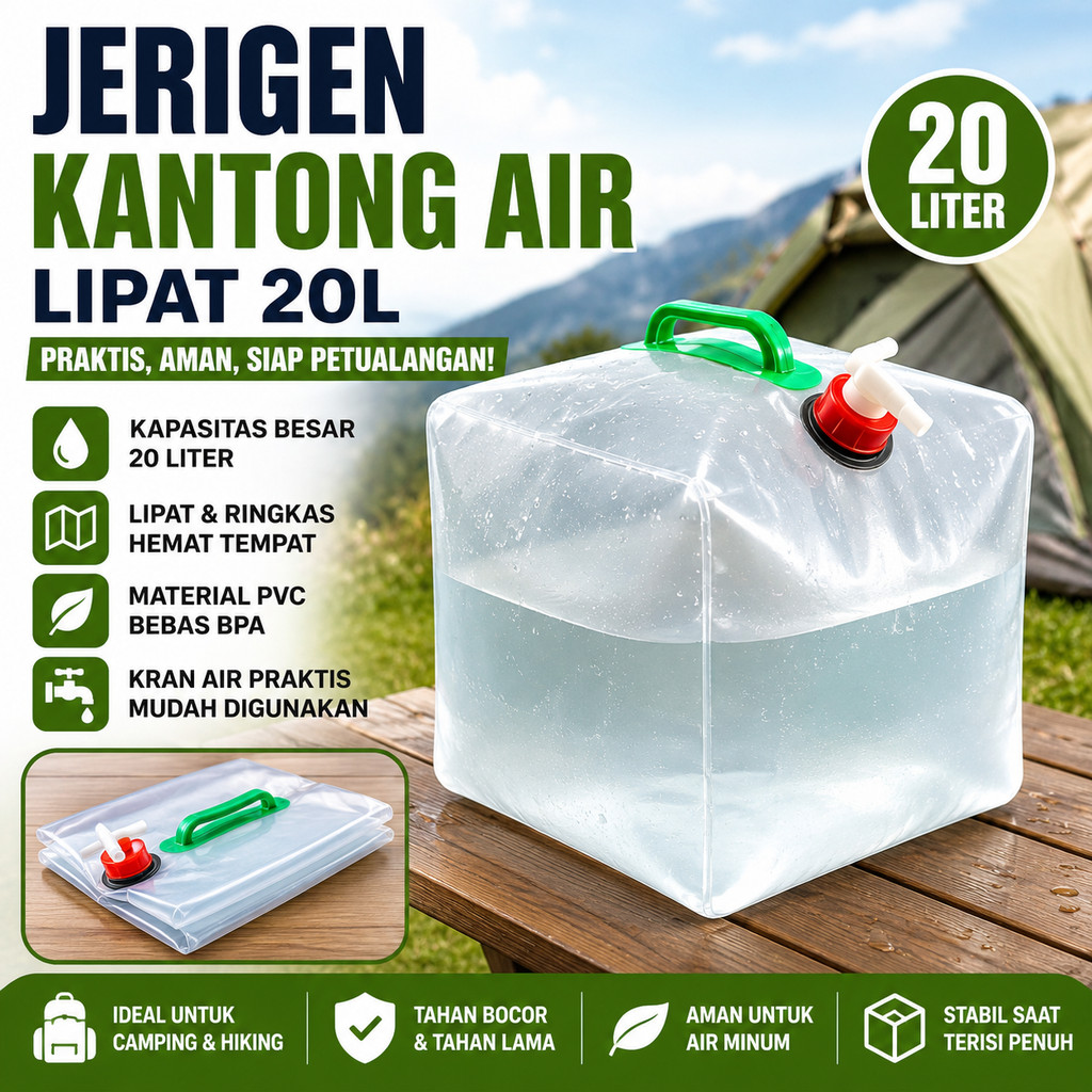 Jerigen Lipat 20L Kantong Air Portable BPA Free PVC Water Container Foldable Water Storage Kran Panc