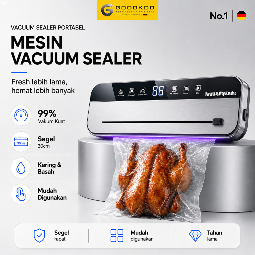 GOODKDD Vacuum Sealer Makanan Otomatis Basah Kering, Alat Vakum Food Sealer Machine Sterilisasi UV, 