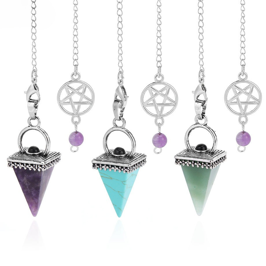 Batu semi mulia alami antik, liontin kristal piramida terbalik, liontin pendulum.
