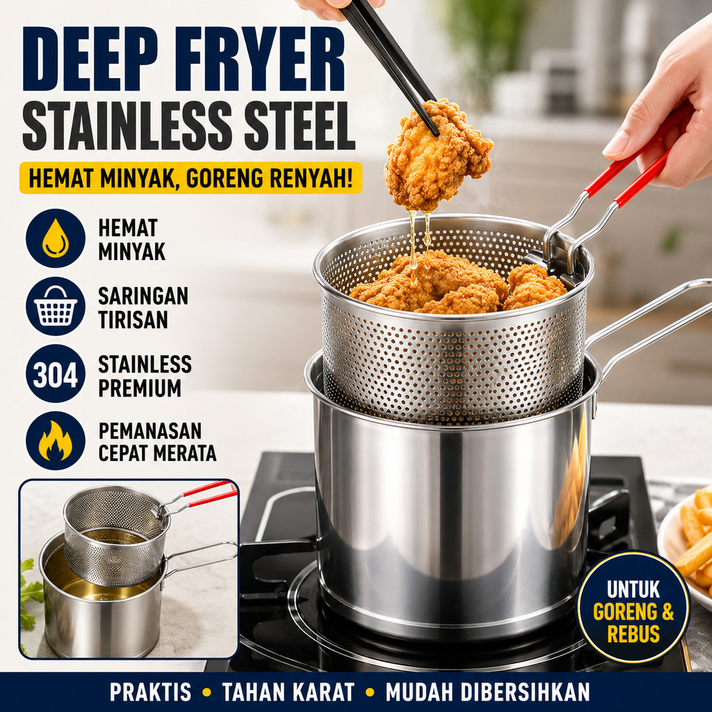 Deep Fryer Pot Stainless Steel 304 Panci Penggorengan Dalam Saringan Tirisan Minyak Basket Filter Fo