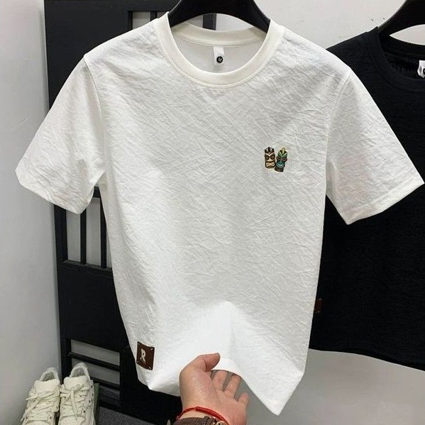 Kaos Pria Katun Linen Bordir – T-shirt Adem Tipis Lengan Pendek Casual Trendy 2026