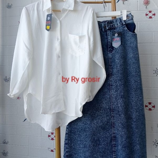 Setelan Laura Rok Span Jeans Tebal Premium - Atasan Kemeja Crinkle dan Rok Span Jeans