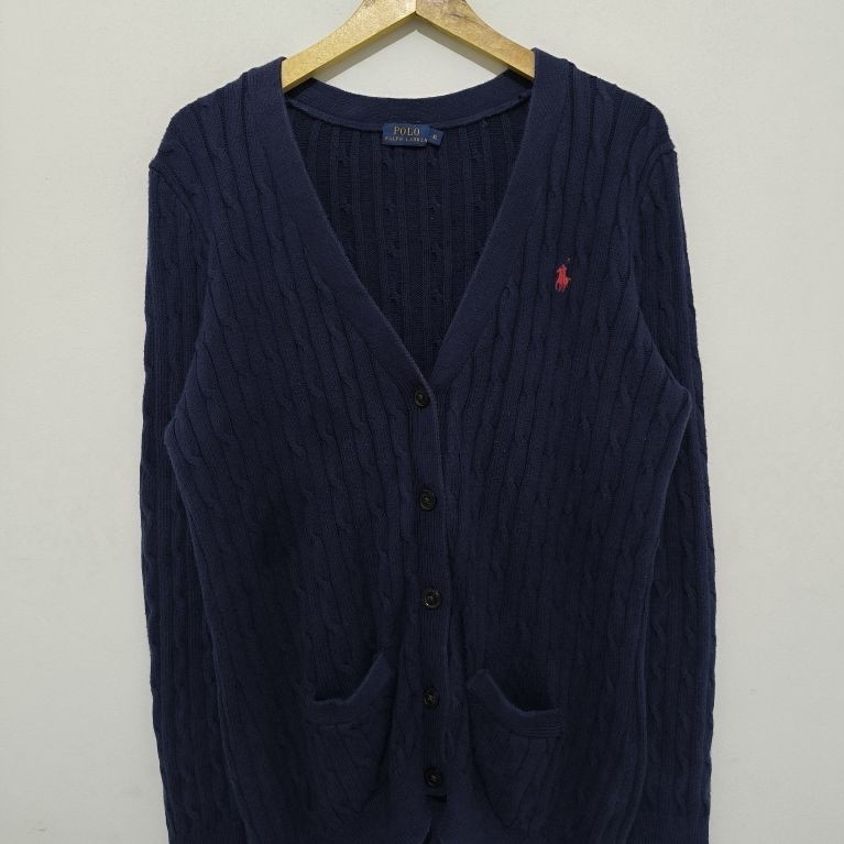 Sweater Cardigan Cable Knit Kepang Rajut Polo Ralph Lauren Navy XL