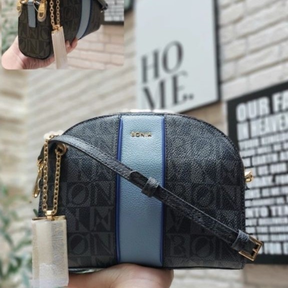 tas selempang 2 Zipper mono hitam Lis biru Bonia ori