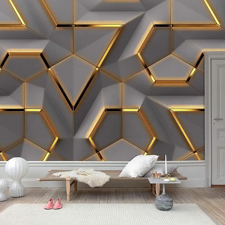 WALLPAPER DINDING GEOMETRIC 3D ABU LIST GOLD