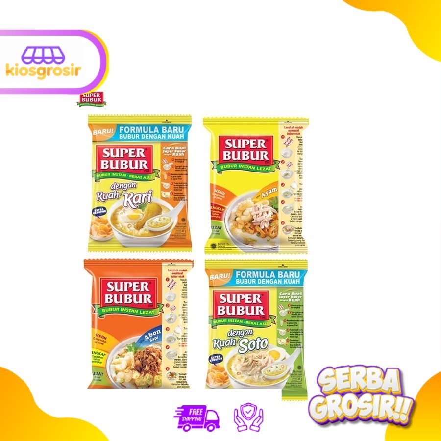 KIOSGROSIR Super Bubur Instan Ayam 45 gr Abon Sapi 49 gr Kuah Soto dan Kari 46 gr Bubur