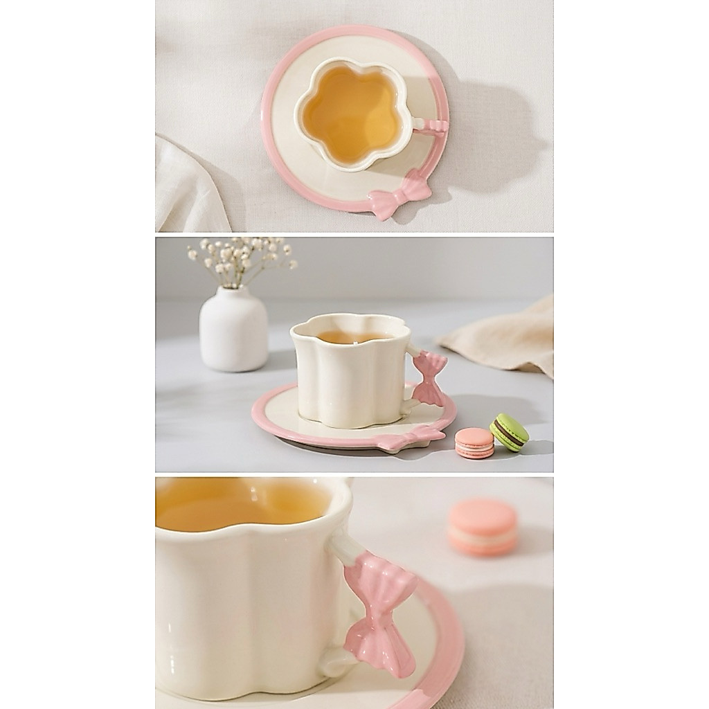 Cangkir Keramik Bunga Estetik dengan Tatakan Pita Pink | Mug Keramik Lucu Korean Style untuk Teh & K