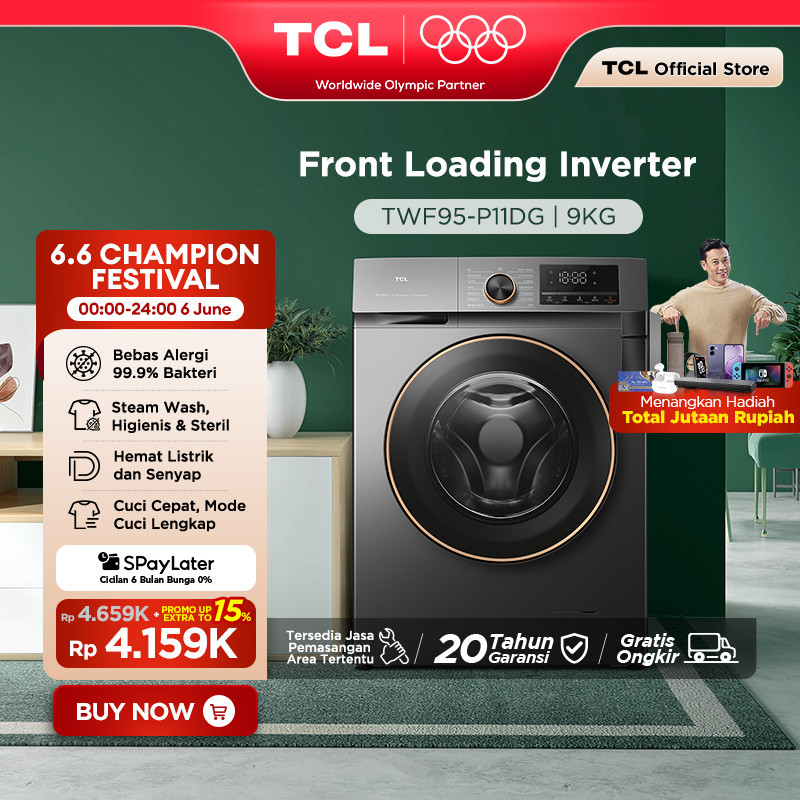 TCL Mesin Cuci Front Loading Inverter P11 9 KG - EBS Steam Wash - Quick Wash 15' - Smart DD Inverter