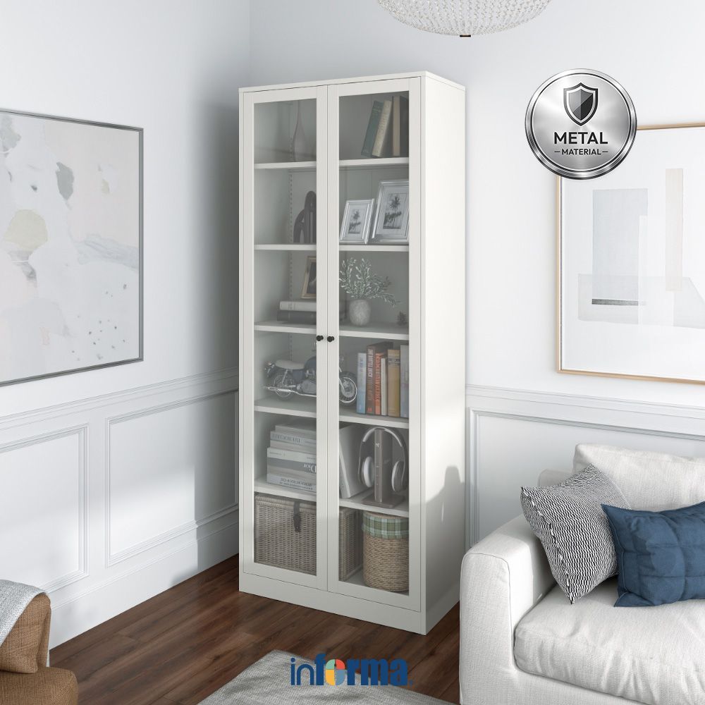 Informa Logan Rak Buku Pintu Kaca - Putih Bookshelf Books Storage Cabinet Kabinet Tempat Buku Dan Ma