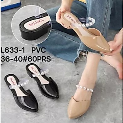 Sandal sepatu fashion trendy wanita lancip Glossy Wanita Tali Hiasan Mutiara 633-1/Bahan  jelly.