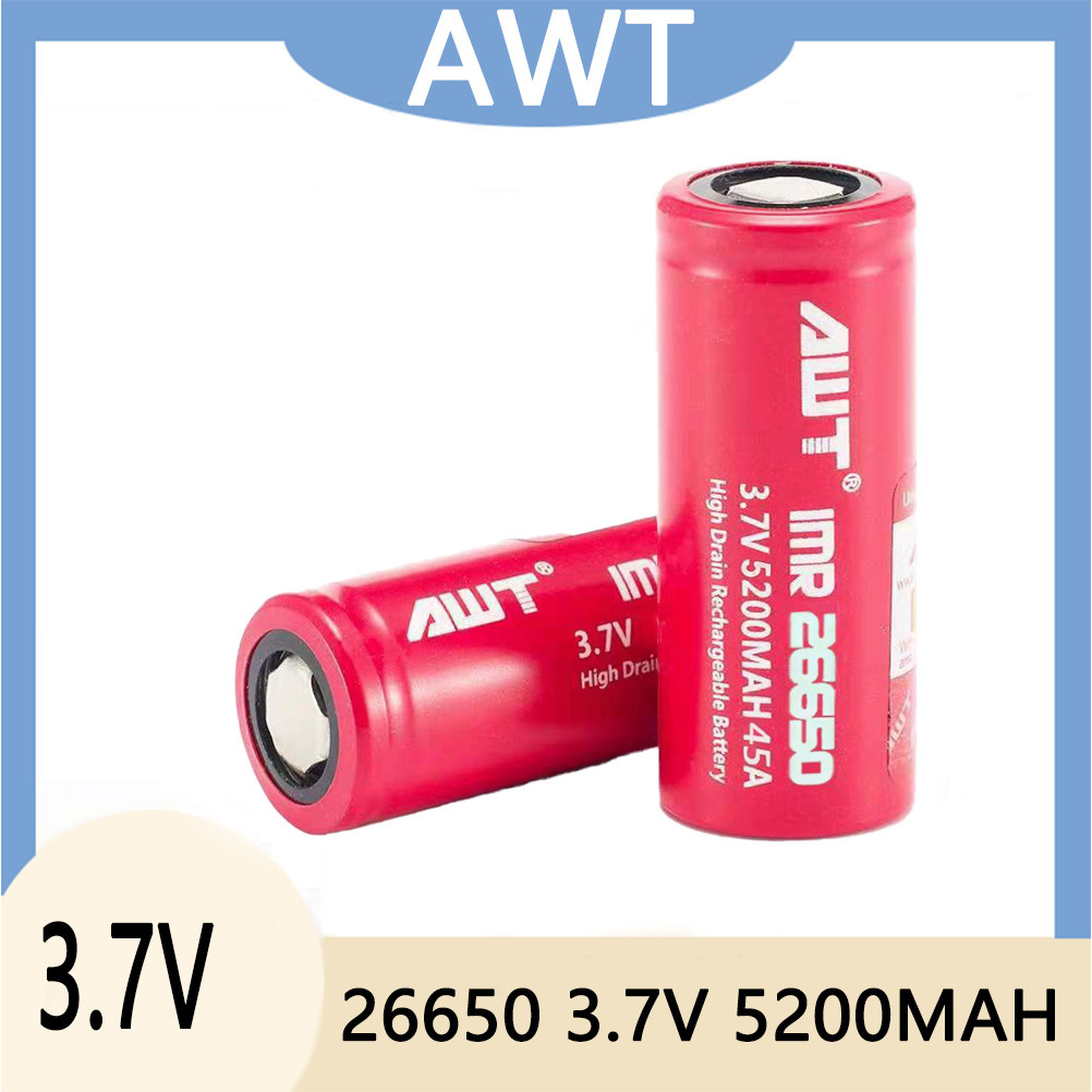 Baterai AWT 26650 3,7 V, baterai Li-ion 26650 5200 mAh, baterai lithium isi ulang 3,7 V