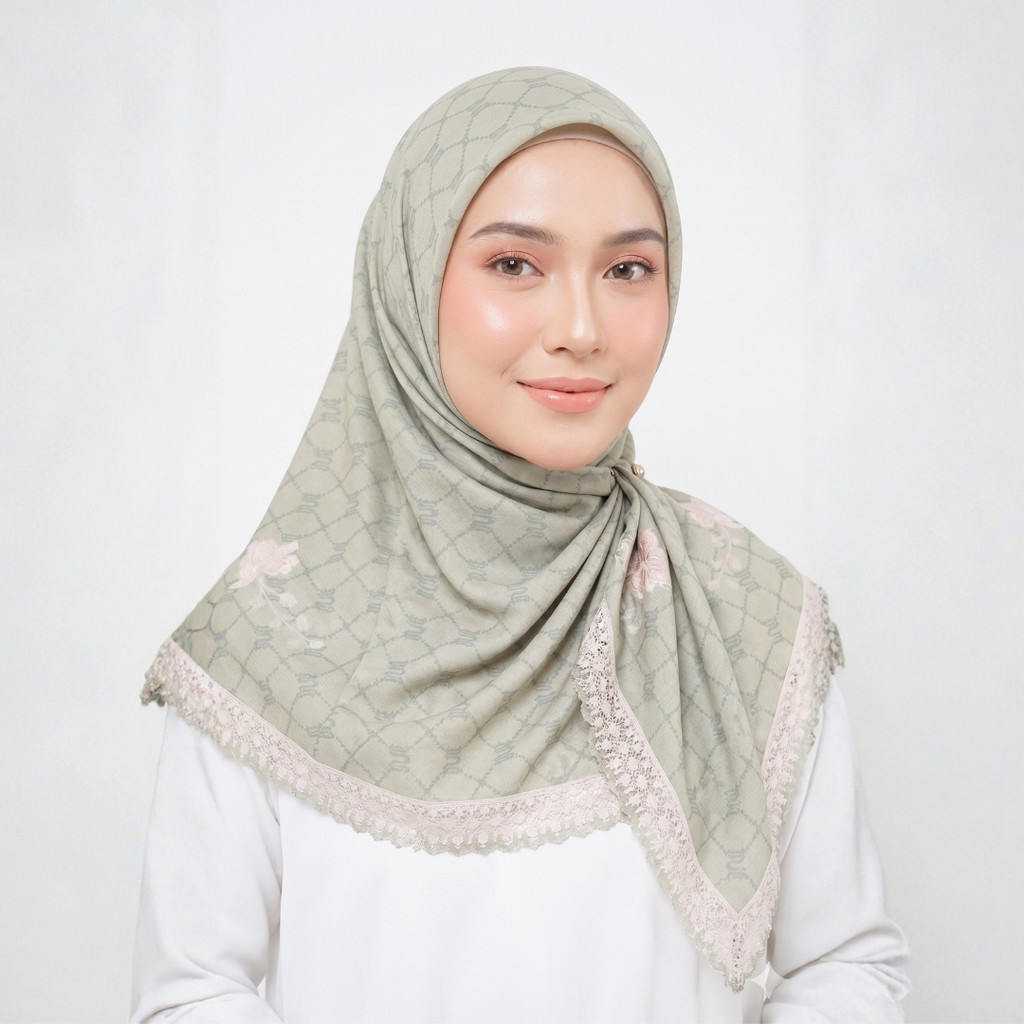 Wulang Narawangsa Hijab Segi Empat Flamingo Era Hijau Sage | Kerudung Segi Empat | Hijab Motif Segi 