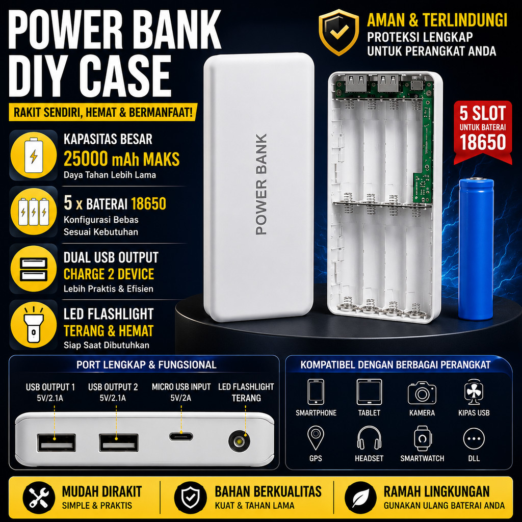 Power Bank DIY Case 5 Slot Baterai 18650 Flat Top Dual USB 25000mAh Micro USB LED Flashlight Portabl