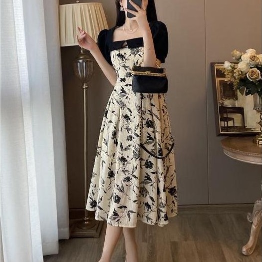Pilihan - 969 Long Dress Hitam Bunga Lengan Pendek Dress Wanita Kekinian Korea Style 2026 Gaun Pesta