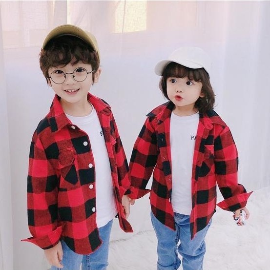 BESTPROMO The Familly Couple Flannel Kotak Lengan Panjang Kemeja Kotak Kotak Keluarga Baju Couple Ay